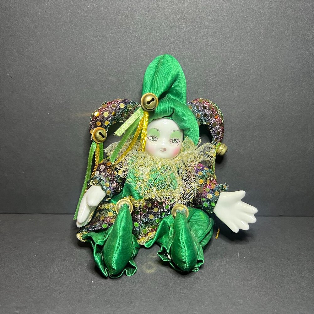 VTG Hand Painted Porcelain Green Baby Pierrot Harlequin Fabric Clown Jester 8"